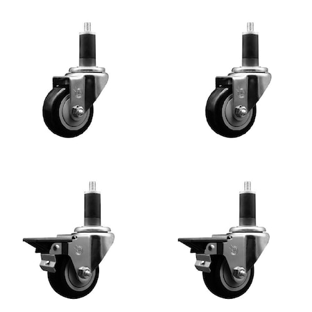 Service Caster 3'' Black Poly Wheel Swivel 1-1/4'' Expanding Stem Caster Set 2 Brakes, 4PK SCC-EX20S314-PPUB-BLK-2-PLB-2-114